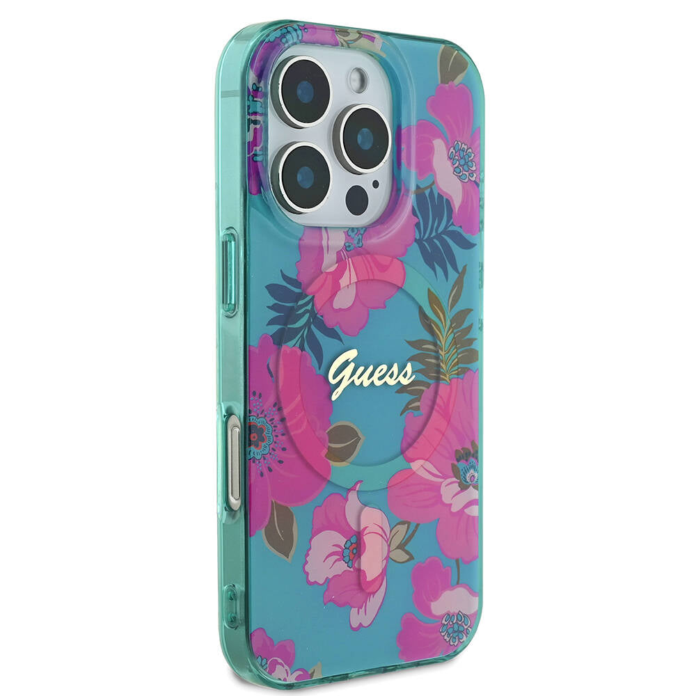 Apple iPhone 16 Pro Max Kılıf Guess Orjinal Lisanslı M-safe Şarj Özellikli Flower Tone On Tone Ring Kapak