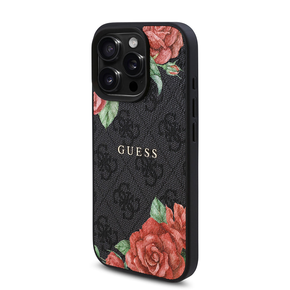 Apple iPhone 16 Pro Max Kılıf Guess Orjinal Lisanslı M-safe Şarj Özellikli Gül Baskılı 4G Desenli Yazı Logolu Kapak