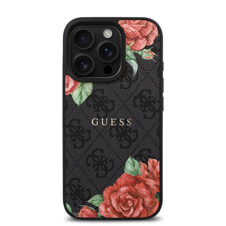 Apple iPhone 16 Pro Max Kılıf Guess Orjinal Lisanslı M-safe Şarj Özellikli Gül Baskılı 4G Desenli Yazı Logolu Kapak