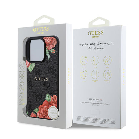 Apple iPhone 16 Pro Max Kılıf Guess Orjinal Lisanslı M-safe Şarj Özellikli Gül Baskılı 4G Desenli Yazı Logolu Kapak