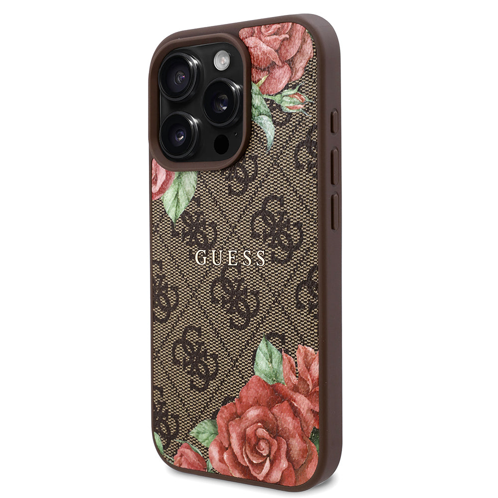 Apple iPhone 16 Pro Max Kılıf Guess Orjinal Lisanslı M-safe Şarj Özellikli Gül Baskılı 4G Desenli Yazı Logolu Kapak