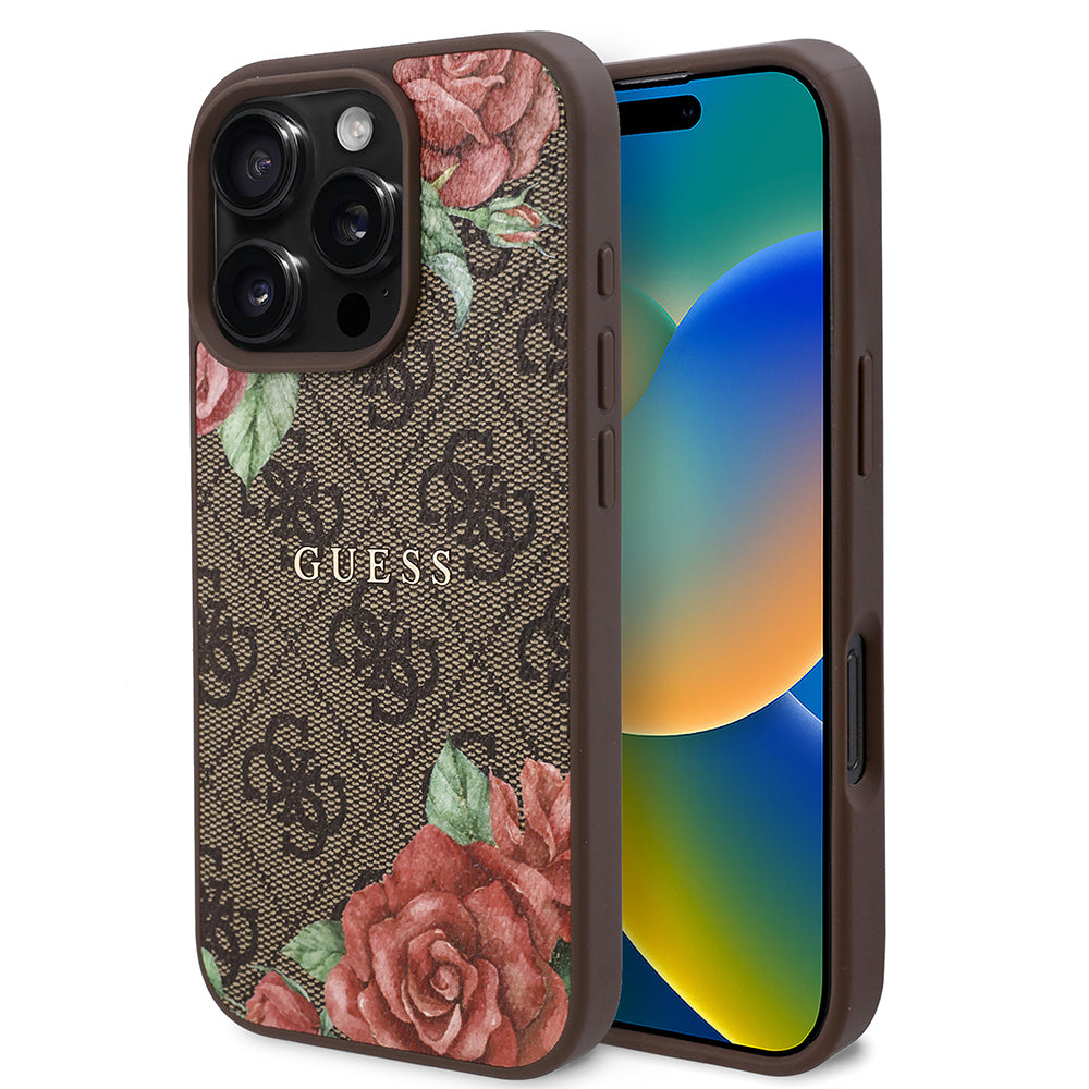 Apple iPhone 16 Pro Max Kılıf Guess Orjinal Lisanslı M-safe Şarj Özellikli Gül Baskılı 4G Desenli Yazı Logolu Kapak