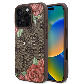 Apple iPhone 16 Pro Max Kılıf Guess Orjinal Lisanslı M-safe Şarj Özellikli Gül Baskılı 4G Desenli Yazı Logolu Kapak