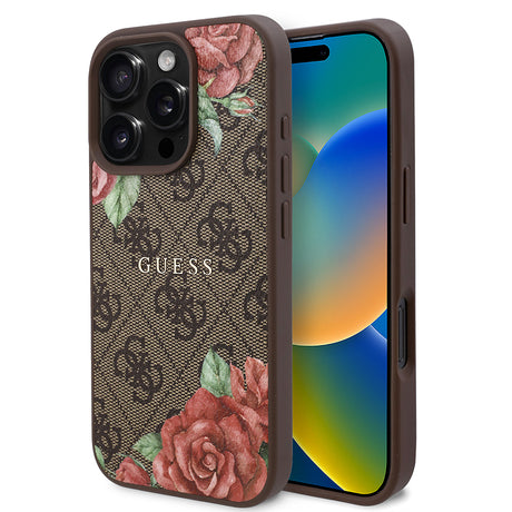 Apple iPhone 16 Pro Max Kılıf Guess Orjinal Lisanslı M-safe Şarj Özellikli Gül Baskılı 4G Desenli Yazı Logolu Kapak