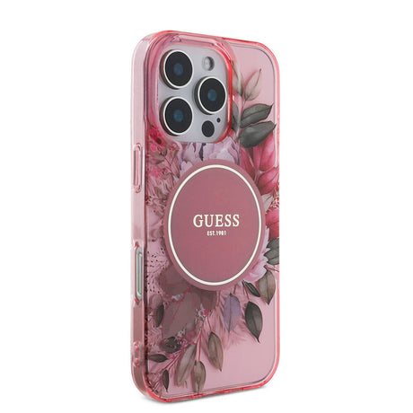 Apple iPhone 16 Pro Max Kılıf Guess Orjinal Lisanslı M-safe Şarj Özellikli IML Baskılı Çiçek İnci Bileklikli Kapak