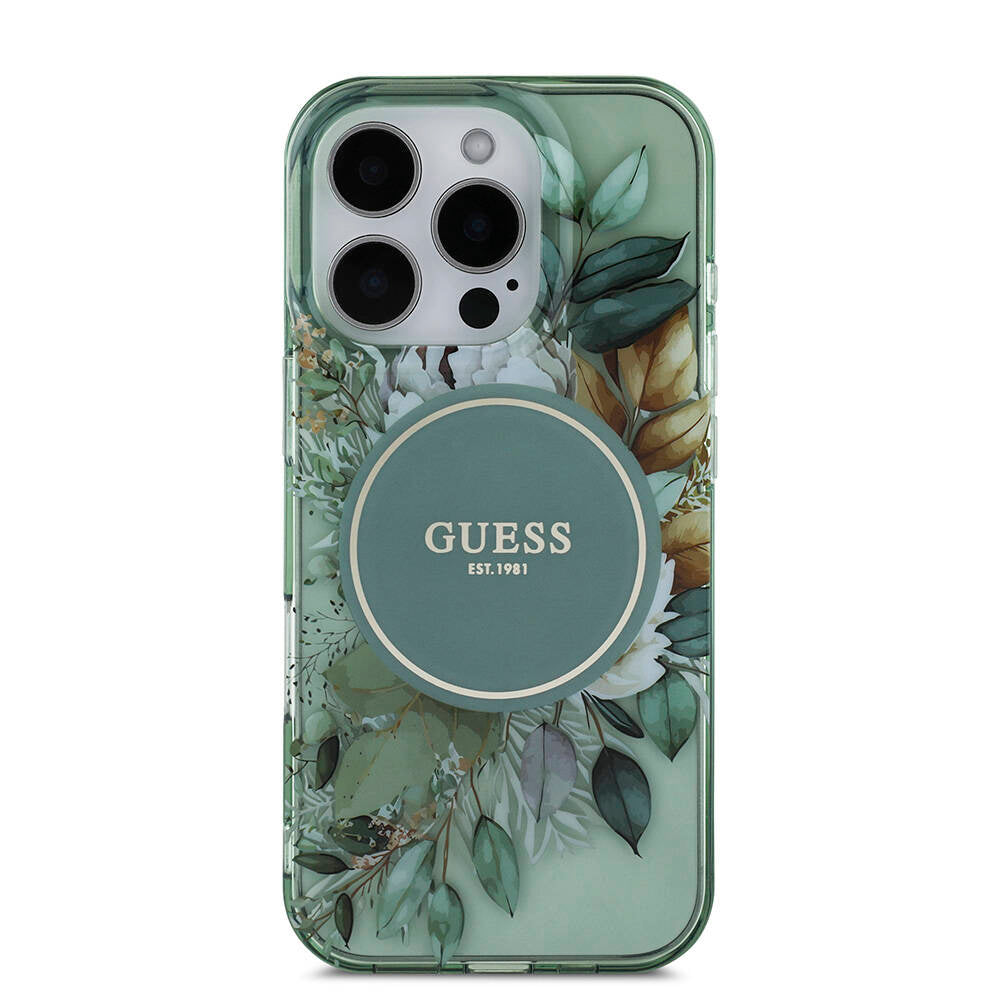 Apple iPhone 16 Pro Max Kılıf Guess Orjinal Lisanslı M-safe Şarj Özellikli IML Baskılı Çiçek İnci Bileklikli Kapak