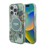 Apple iPhone 16 Pro Max Kılıf Guess Orjinal Lisanslı M-safe Şarj Özellikli IML Baskılı Çiçek İnci Bileklikli Kapak