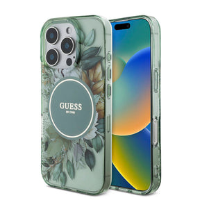 Apple iPhone 16 Pro Max Kılıf Guess Orjinal Lisanslı M-safe Şarj Özellikli IML Baskılı Çiçek İnci Bileklikli Kapak