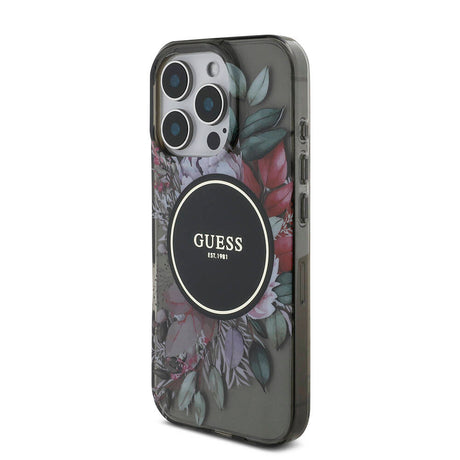 Apple iPhone 16 Pro Max Kılıf Guess Orjinal Lisanslı M-safe Şarj Özellikli IML Baskılı Çiçek İnci Bileklikli Kapak
