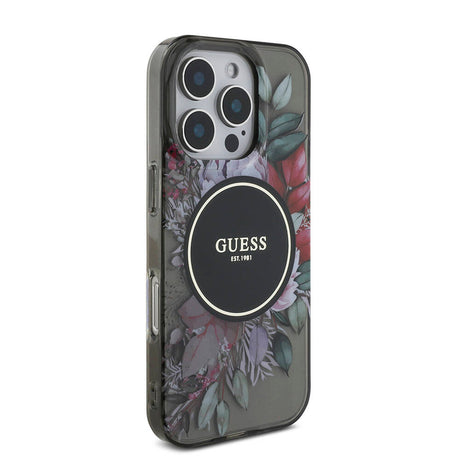 Apple iPhone 16 Pro Max Kılıf Guess Orjinal Lisanslı M-safe Şarj Özellikli IML Baskılı Çiçek İnci Bileklikli Kapak