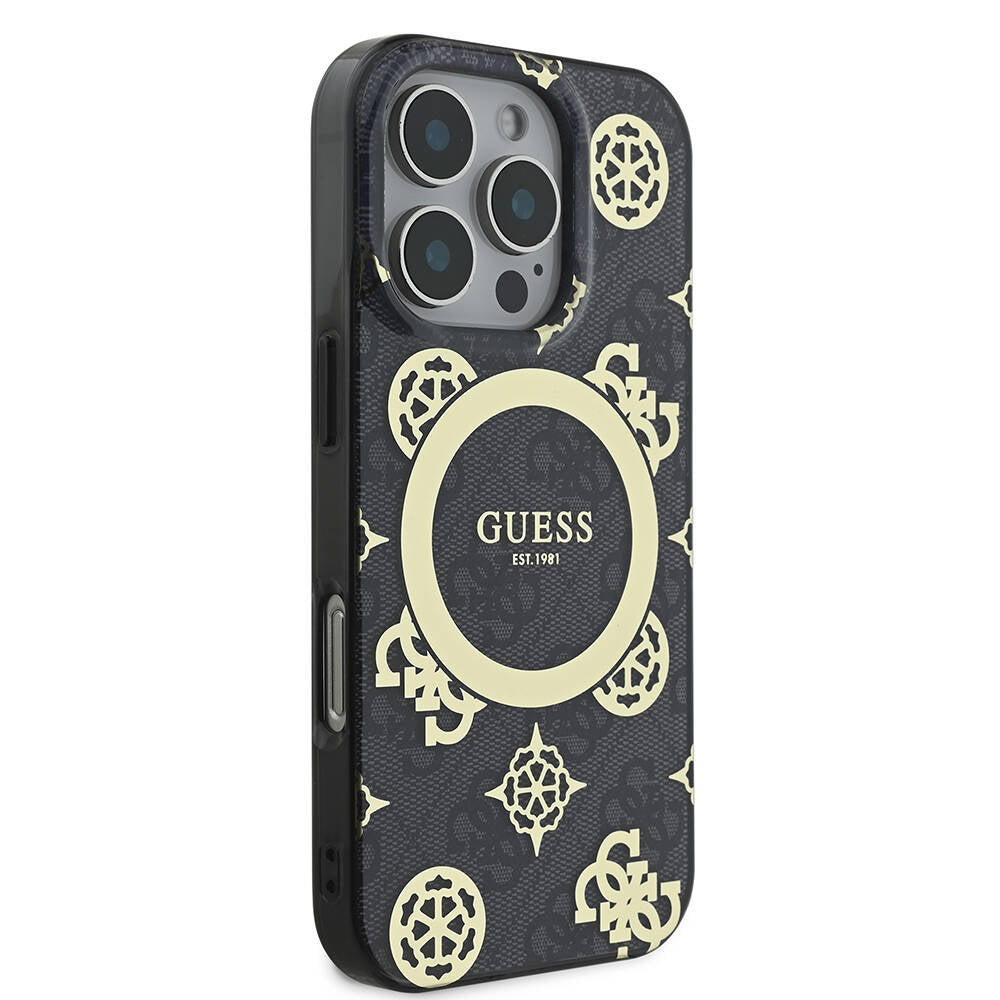 Apple iPhone 16 Pro Max Kılıf Guess Orjinal Lisanslı M-safe Şarj Özellikli IML Peony ve 4G Desenli Klasik Logolu Kapak