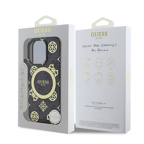 Apple iPhone 16 Pro Max Kılıf Guess Orjinal Lisanslı M-safe Şarj Özellikli IML Peony ve 4G Desenli Klasik Logolu Kapak