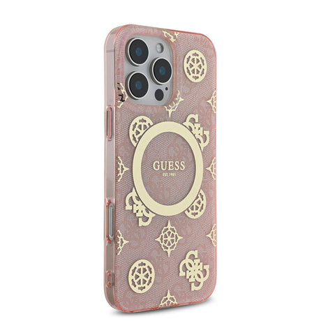 Apple iPhone 16 Pro Max Kılıf Guess Orjinal Lisanslı M-safe Şarj Özellikli IML Peony ve 4G Desenli Klasik Logolu Kapak