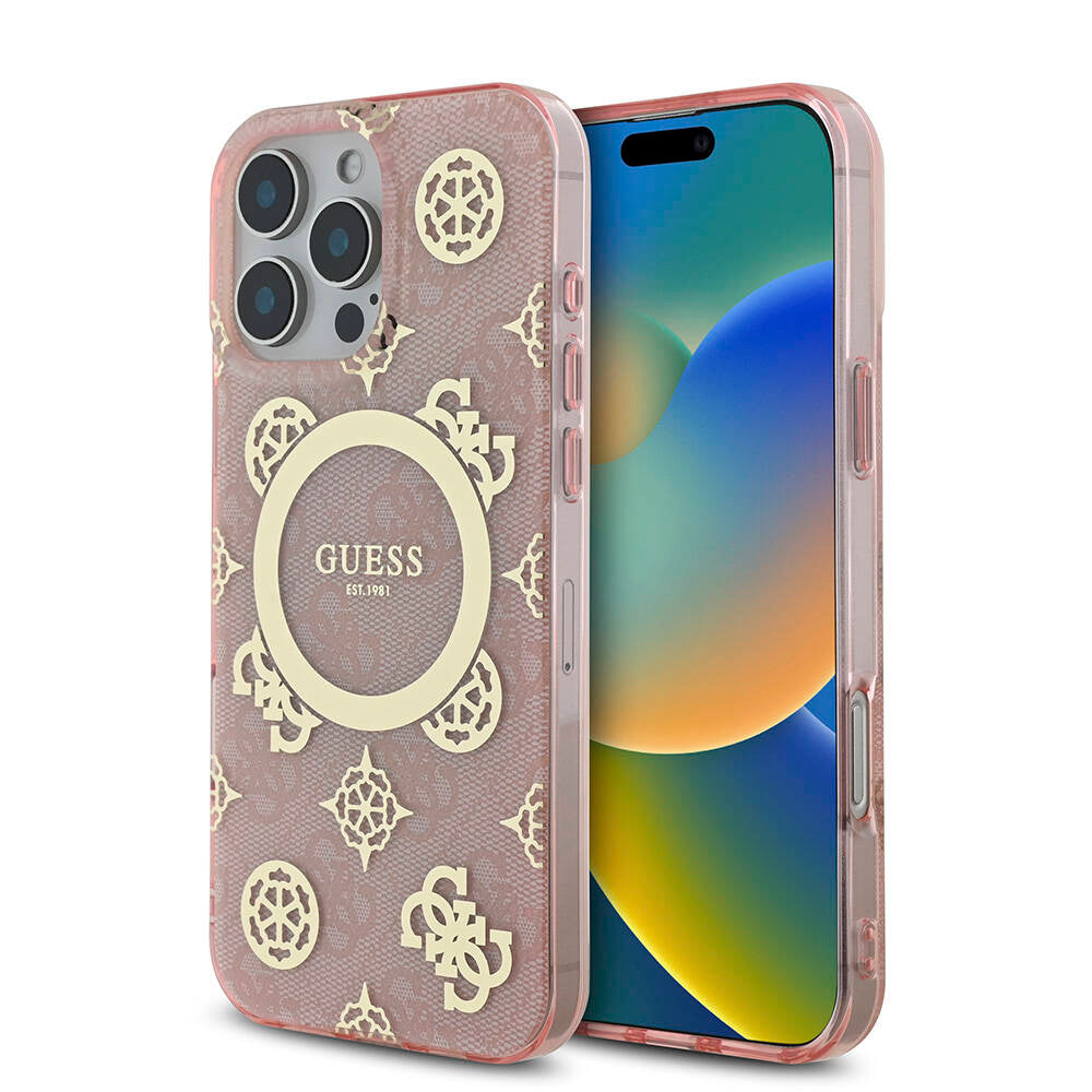 Apple iPhone 16 Pro Max Kılıf Guess Orjinal Lisanslı M-safe Şarj Özellikli IML Peony ve 4G Desenli Klasik Logolu Kapak