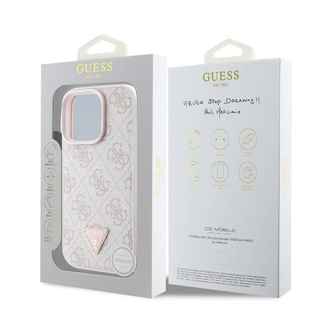 Apple iPhone 16 Pro Max Kılıf Guess Orjinal Lisanslı M-safe Şarj Özellikli PU Deri 4G Desenli Taşlı Üçgen Logolu Kapak