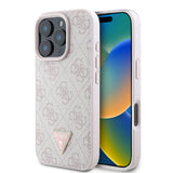 Apple iPhone 16 Pro Max Kılıf Guess Orjinal Lisanslı M-safe Şarj Özellikli PU Deri 4G Desenli Taşlı Üçgen Logolu Kapak