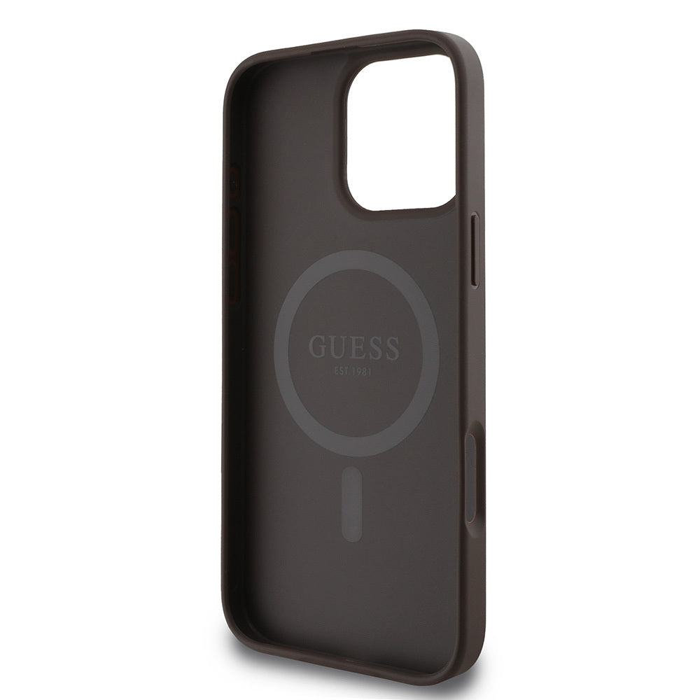 Apple iPhone 16 Pro Max Kılıf Guess Orjinal Lisanslı M-safe Şarj Özellikli PU Deri Şerit Logo Dizaynlı Kapak