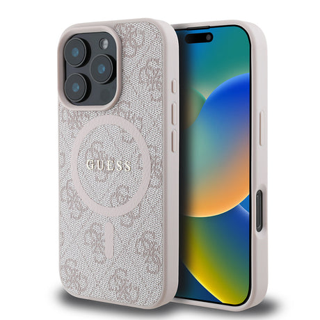 Apple iPhone 16 Pro Max Kılıf Guess Orjinal Lisanslı M-safe Şarj Özellikli PU Halkalı 4G Desenli Yazı Logolu Kapak