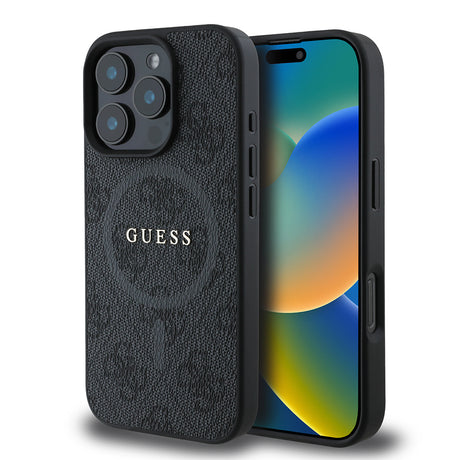 Apple iPhone 16 Pro Max Kılıf Guess Orjinal Lisanslı M-safe Şarj Özellikli PU Halkalı 4G Desenli Yazı Logolu Kapak