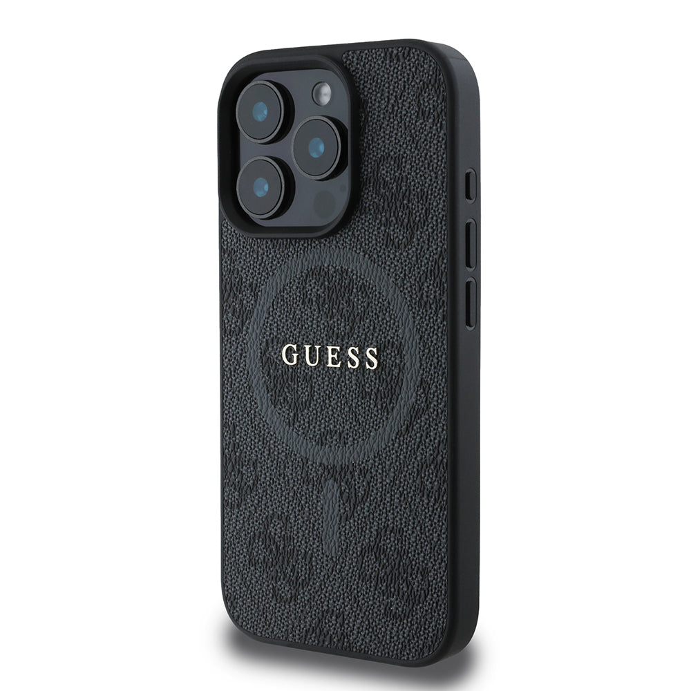 Apple iPhone 16 Pro Max Kılıf Guess Orjinal Lisanslı M-safe Şarj Özellikli PU Halkalı 4G Desenli Yazı Logolu Kapak