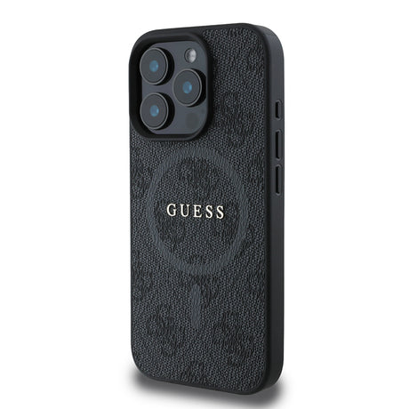 Apple iPhone 16 Pro Max Kılıf Guess Orjinal Lisanslı M-safe Şarj Özellikli PU Halkalı 4G Desenli Yazı Logolu Kapak