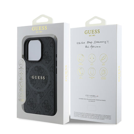 Apple iPhone 16 Pro Max Kılıf Guess Orjinal Lisanslı M-safe Şarj Özellikli PU Halkalı 4G Desenli Yazı Logolu Kapak
