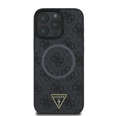 Apple iPhone 16 Pro Max Kılıf Guess Orjinal Lisanslı M-safe Şarj Özellikli PU Üçgen Logo 4G Desenli Kapak
