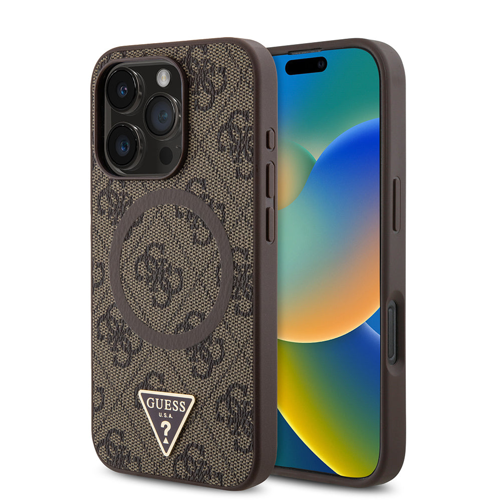 Apple iPhone 16 Pro Max Kılıf Guess Orjinal Lisanslı M-safe Şarj Özellikli PU Üçgen Logo 4G Desenli Kapak