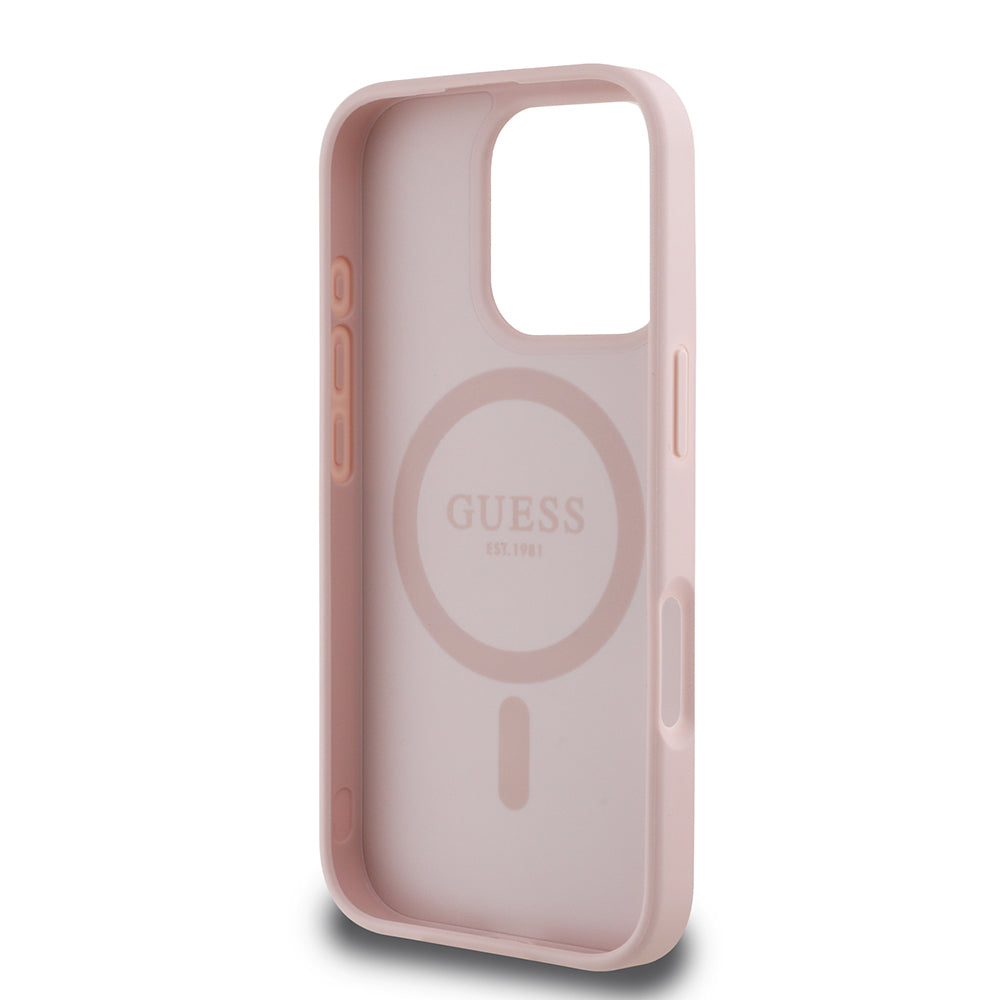 Apple iPhone 16 Pro Max Kılıf Guess Orjinal Lisanslı M-safe Şarj Özellikli Sıcak Baskılı Üçgen Logolu PU Deri Peony Kapak