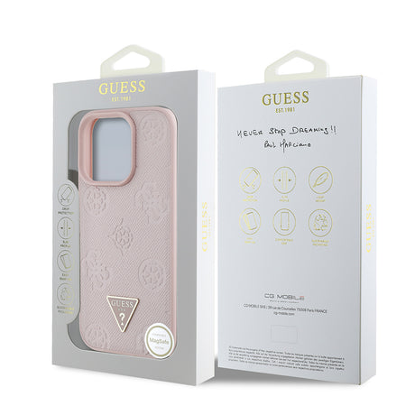 Apple iPhone 16 Pro Max Kılıf Guess Orjinal Lisanslı M-safe Şarj Özellikli Sıcak Baskılı Üçgen Logolu PU Deri Peony Kapak
