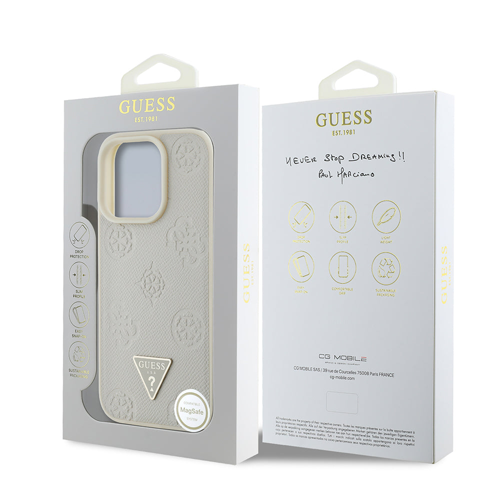 Apple iPhone 16 Pro Max Kılıf Guess Orjinal Lisanslı M-safe Şarj Özellikli Sıcak Baskılı Üçgen Logolu PU Deri Peony Kapak