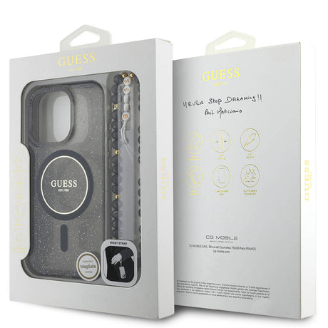Apple iPhone 16 Pro Max Kılıf Guess Orjinal Lisanslı M-safe Şarj Özellikli Simli Silikon İnci Bileklikli Kapak