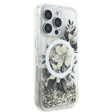 Apple iPhone 16 Pro Max Kılıf Guess Orjinal Lisanslı M-safe Şarj Özellikli Sıvılı Simli Çiçek Desenli Kapak