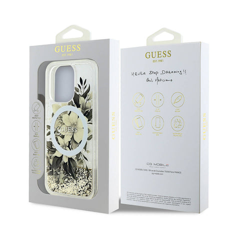 Apple iPhone 16 Pro Max Kılıf Guess Orjinal Lisanslı M-safe Şarj Özellikli Sıvılı Simli Çiçek Desenli Kapak