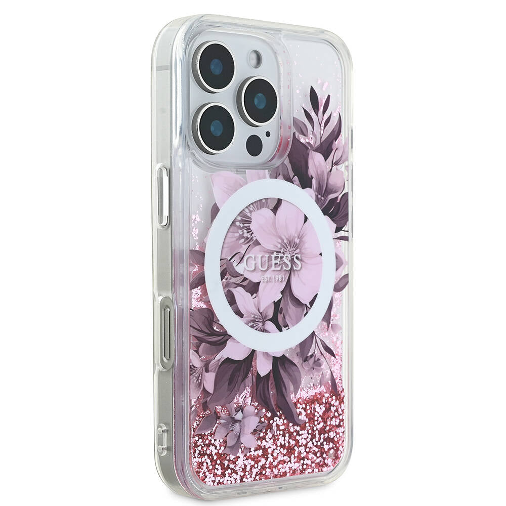 Apple iPhone 16 Pro Max Kılıf Guess Orjinal Lisanslı M-safe Şarj Özellikli Sıvılı Simli Çiçek Desenli Kapak
