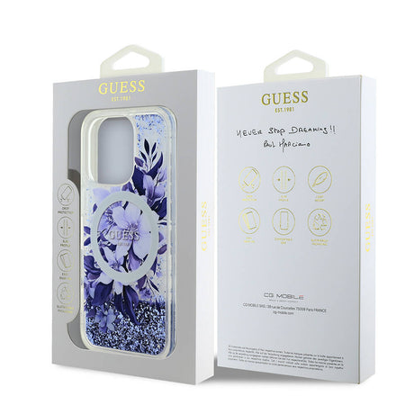 Apple iPhone 16 Pro Max Kılıf Guess Orjinal Lisanslı M-safe Şarj Özellikli Sıvılı Simli Çiçek Desenli Kapak