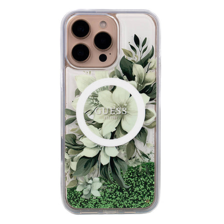 Apple iPhone 16 Pro Max Kılıf Guess Orjinal Lisanslı M-safe Şarj Özellikli Sıvılı Simli Çiçek Desenli Kapak
