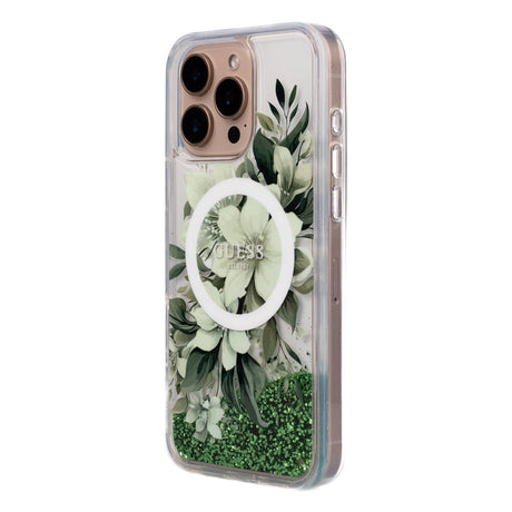 Apple iPhone 16 Pro Max Kılıf Guess Orjinal Lisanslı M-safe Şarj Özellikli Sıvılı Simli Çiçek Desenli Kapak