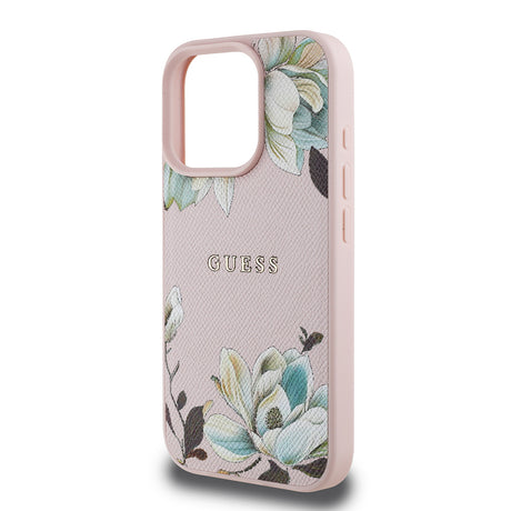 Apple iPhone 16 Pro Max Kılıf Guess Orjinal Lisanslı M-safe Şarj Özellikli Taneli Çiçek Tasarımlı Metal Yazı Logolu Kapak