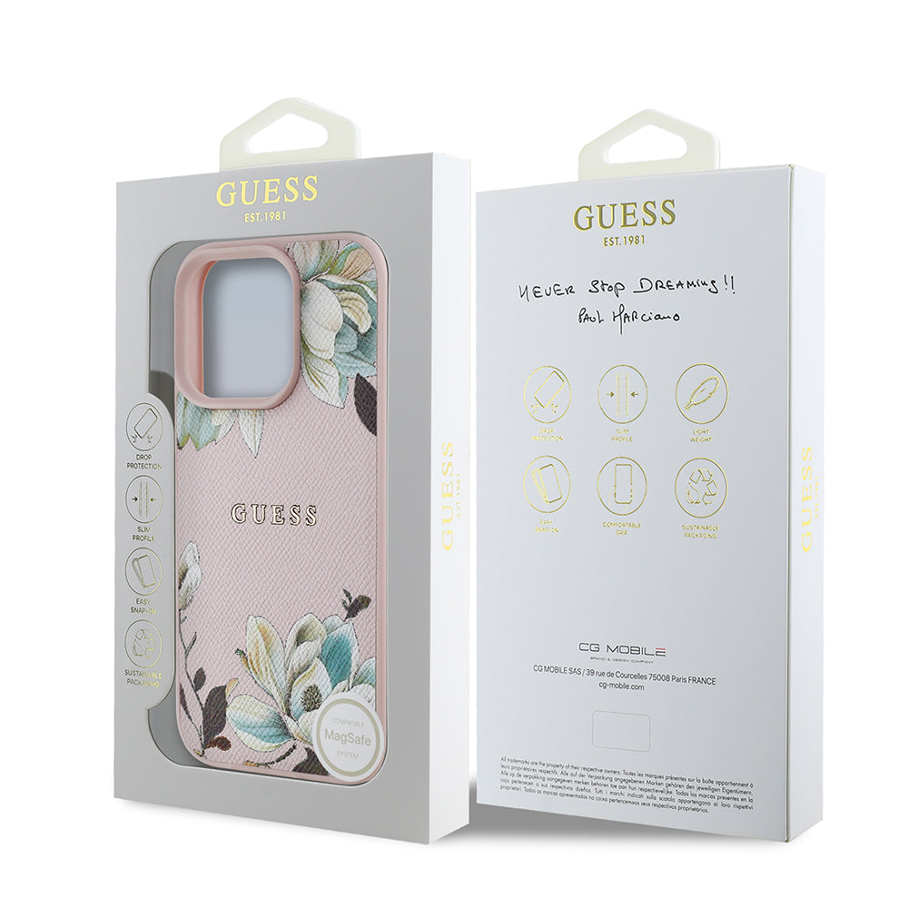 Apple iPhone 16 Pro Max Kılıf Guess Orjinal Lisanslı M-safe Şarj Özellikli Taneli Çiçek Tasarımlı Metal Yazı Logolu Kapak