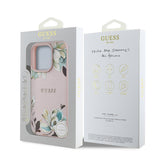 Apple iPhone 16 Pro Max Kılıf Guess Orjinal Lisanslı M-safe Şarj Özellikli Taneli Çiçek Tasarımlı Metal Yazı Logolu Kapak