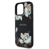 Apple iPhone 16 Pro Max Kılıf Guess Orjinal Lisanslı M-safe Şarj Özellikli Taneli Çiçek Tasarımlı Metal Yazı Logolu Kapak