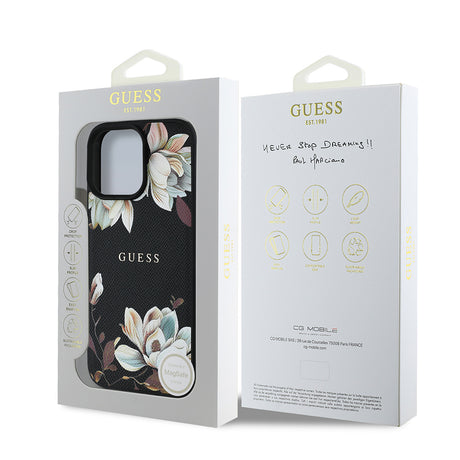 Apple iPhone 16 Pro Max Kılıf Guess Orjinal Lisanslı M-safe Şarj Özellikli Taneli Çiçek Tasarımlı Metal Yazı Logolu Kapak