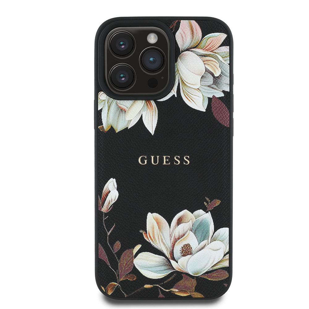 Apple iPhone 16 Pro Max Kılıf Guess Orjinal Lisanslı M-safe Şarj Özellikli Taneli Çiçek Tasarımlı Metal Yazı Logolu Kapak