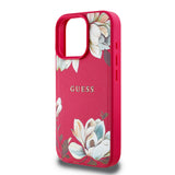 Apple iPhone 16 Pro Max Kılıf Guess Orjinal Lisanslı M-safe Şarj Özellikli Taneli Çiçek Tasarımlı Metal Yazı Logolu Kapak