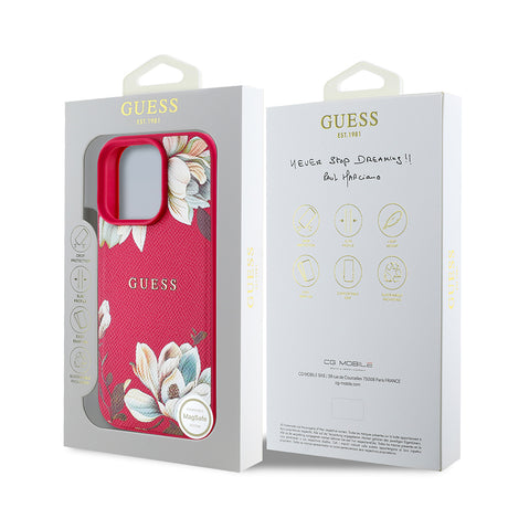 Apple iPhone 16 Pro Max Kılıf Guess Orjinal Lisanslı M-safe Şarj Özellikli Taneli Çiçek Tasarımlı Metal Yazı Logolu Kapak