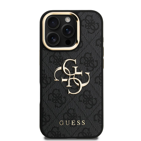 Apple iPhone 16 Pro Max Kılıf Guess Orjinal Lisanslı PU Deri 4G Desenli Metal Büyük 4G ve Yazı Logolu Kamera Standlı Kapak