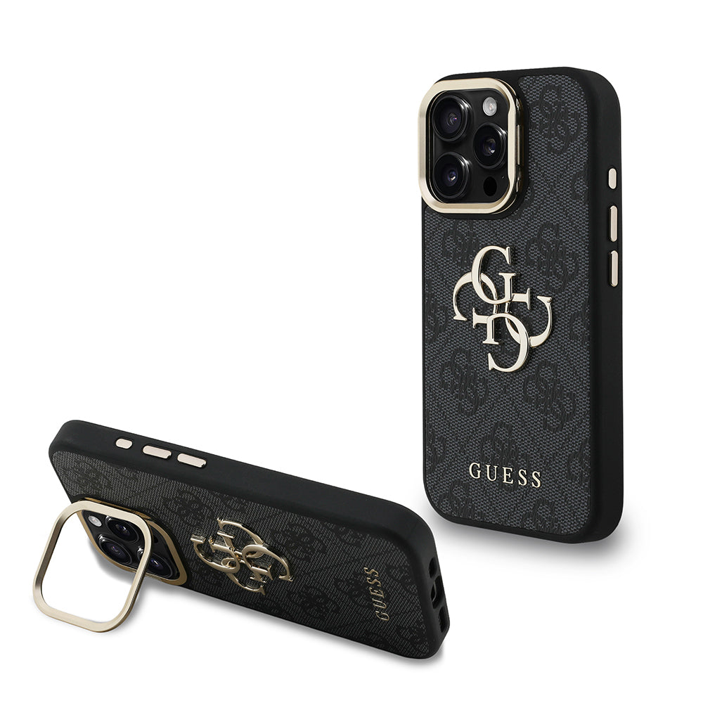 Apple iPhone 16 Pro Max Kılıf Guess Orjinal Lisanslı PU Deri 4G Desenli Metal Büyük 4G ve Yazı Logolu Kamera Standlı Kapak