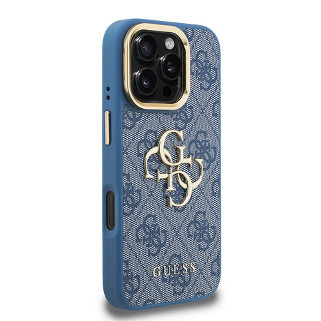 Apple iPhone 16 Pro Max Kılıf Guess Orjinal Lisanslı PU Deri 4G Desenli Metal Büyük 4G ve Yazı Logolu Kamera Standlı Kapak