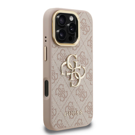 Apple iPhone 16 Pro Max Kılıf Guess Orjinal Lisanslı PU Deri 4G Desenli Metal Büyük 4G ve Yazı Logolu Kamera Standlı Kapak